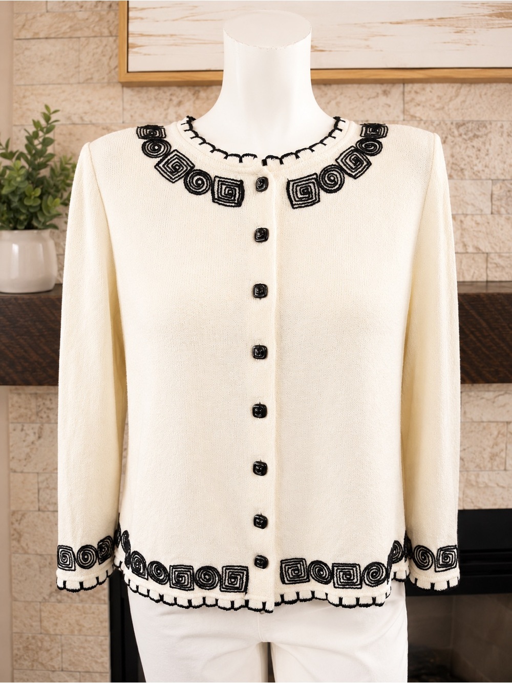 St John Collection Knit Jacket Cardigan 6 Ivory Black Embroidered Santana 6